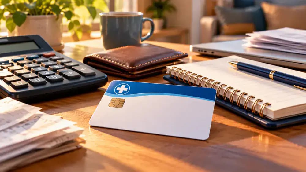 Health insurance card beside a calculator and notebook used to compare plan costs.