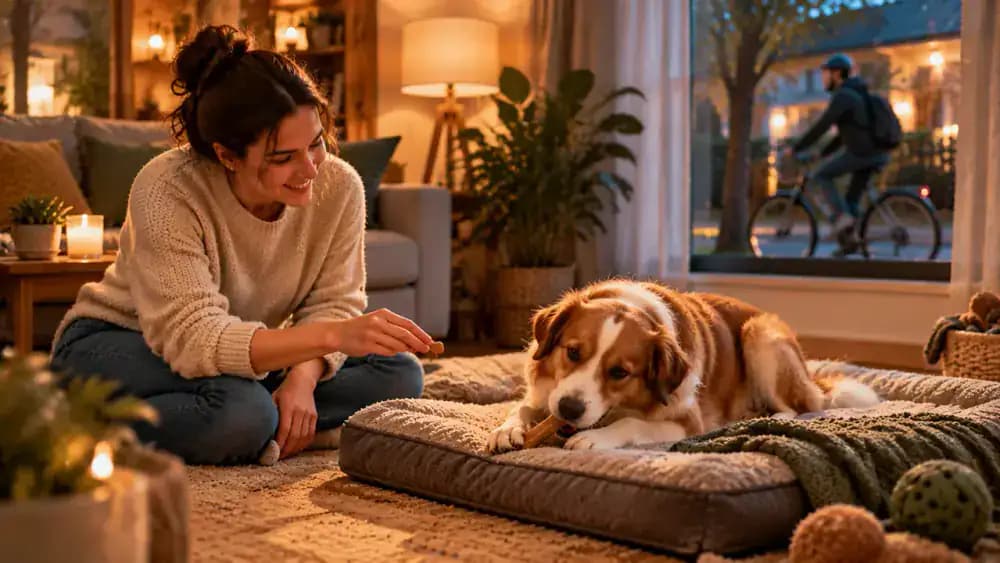 Dog resting peacefully on a mat with a chew in the living room while its owner sits nearby and rewards calm behavior as a cyclist passes outside.