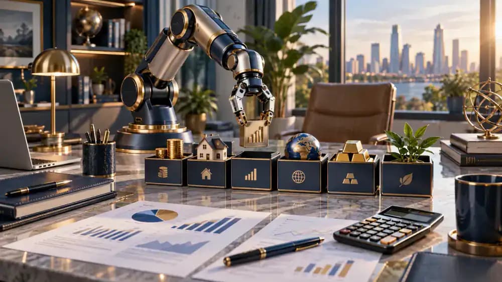 A sophisticated mechanical arm organizes investment containers on a clean automated workstation.
