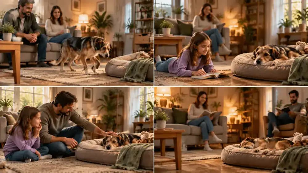 Newly adopted dog resting comfortably near family members in a living room while everyone gives it space and follows consistent household boundaries.