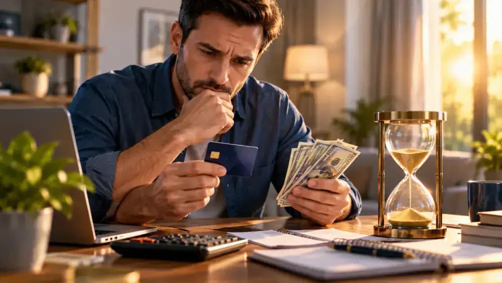 Worried consumer reviewing a bank card and cash beside an hourglass, representing increased liability from delayed reporting.