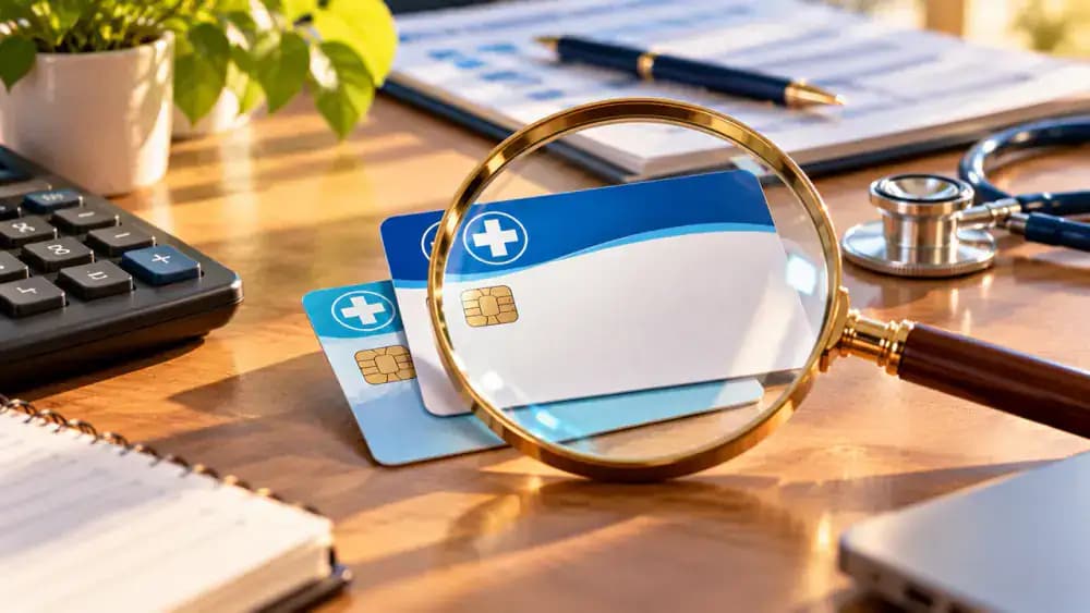 Two overlapping health insurance cards under a magnifying glass representing coverage eligibility checks.