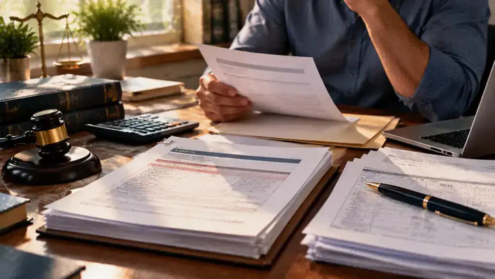 Garnishment order paperwork beside payroll documents and a fountain pen.