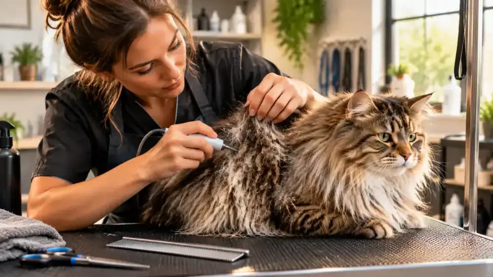 Owner inspecting a relaxed long-haired cat on a soft blanket, followed by a professional groomer carefully assessing a severely matted section of fur.