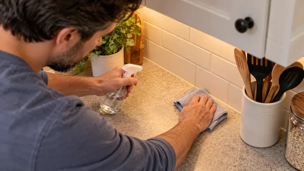 Overhead view of a homeowner testing laminate-safe cleaner with a microfiber cloth on a hidden back corner of a laminate countertop while a stubborn mark remains untouched nearby.