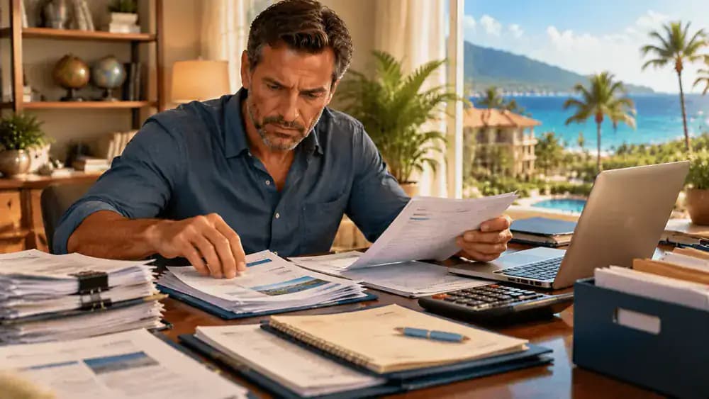 Consumer organizing financial records before submitting a complaint.