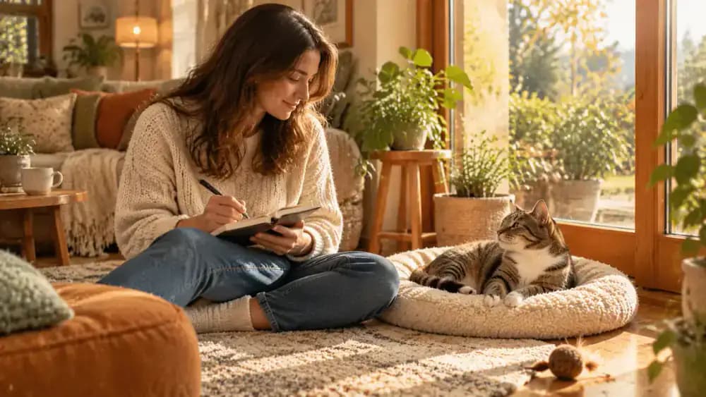 An owner offering a gentle shoulder touch to a cat beside a sunny window, giving a reward, and writing a brief note in a journal as the cat moves freely.