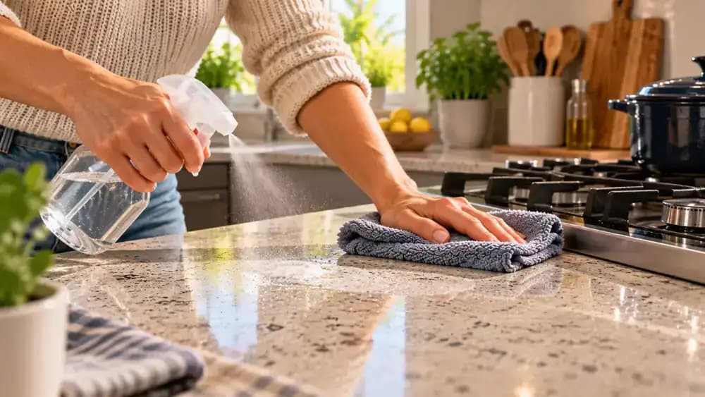 Close-up of a homeowner applying a small amount of manufacturer-approved quartz cleaner to a folded microfiber cloth and gently wiping stubborn grease from a light gray engineered quartz countertop beside the cooktop.