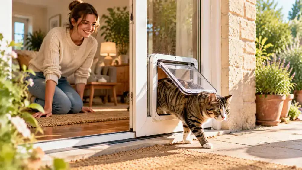 A confident cat pushes through a pet flap while its owner supervises nearby and checks the secure doorway.