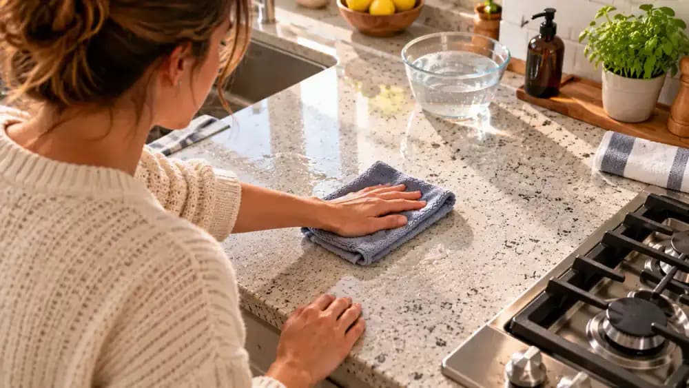 Over-the-shoulder view of a homeowner rinsing a clean microfiber cloth under a kitchen faucet, wringing it out, and wiping a light gray engineered quartz countertop beside the cooktop to remove remaining soap and cleaner residue.