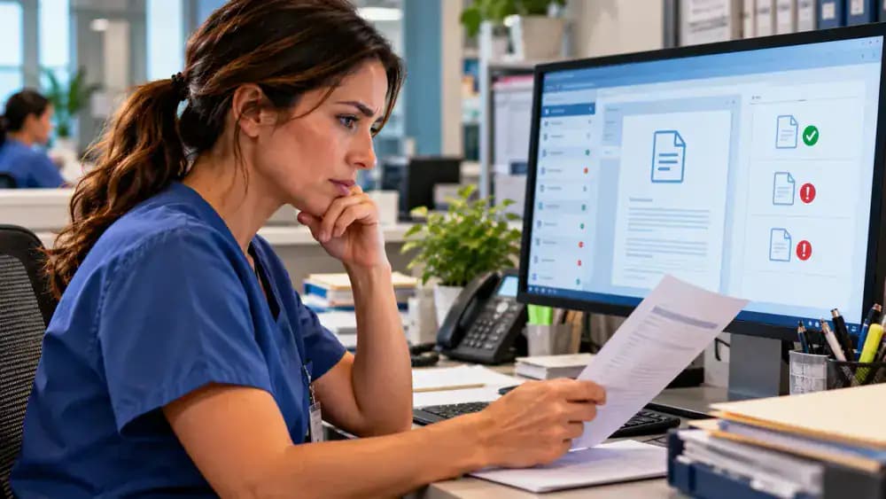 Fictional specialist clinic referral coordinator reviewing an incoming referral record, checking receipt and document completeness, and updating a tracking entry with a missing document and responsible office.