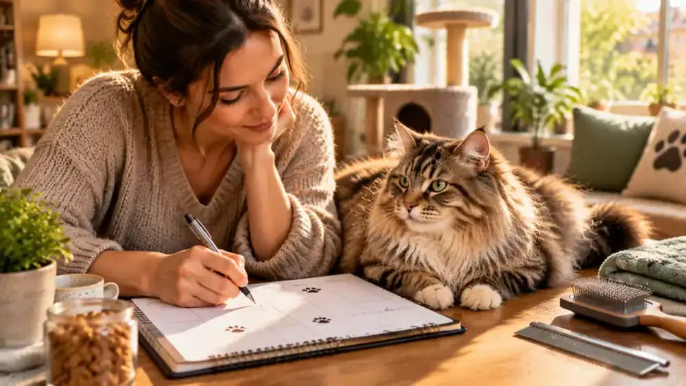 Owner marking daily coat checks and planned grooming sessions on a weekly planner beside a relaxed long-haired cat lounging comfortably.