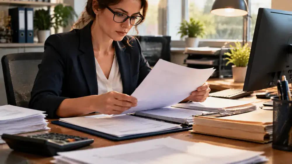 Payroll professional reviewing employee withholding paperwork at an office workstation.