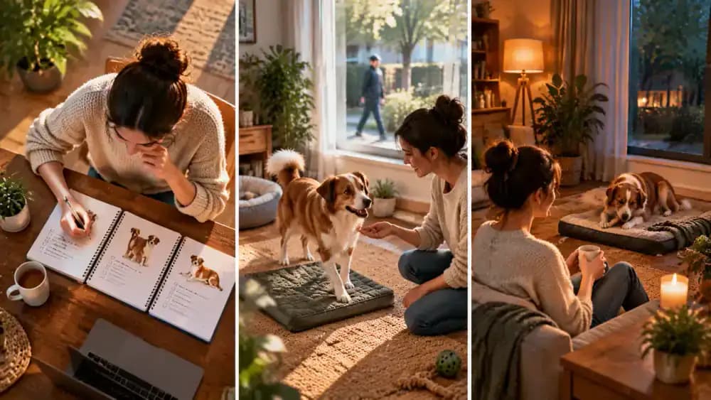 Owner comparing notes from morning, afternoon, and evening dog training sessions before choosing a quieter afternoon practice period.