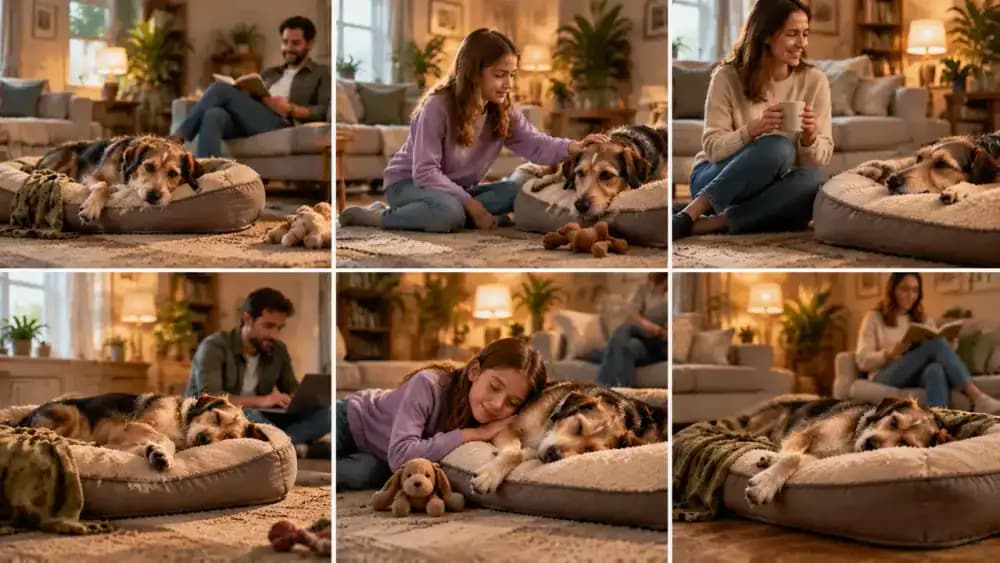 Family reviewing a household schedule for dog feeding, walking, and bedtime while the newly adopted dog rests calmly on its mat nearby.