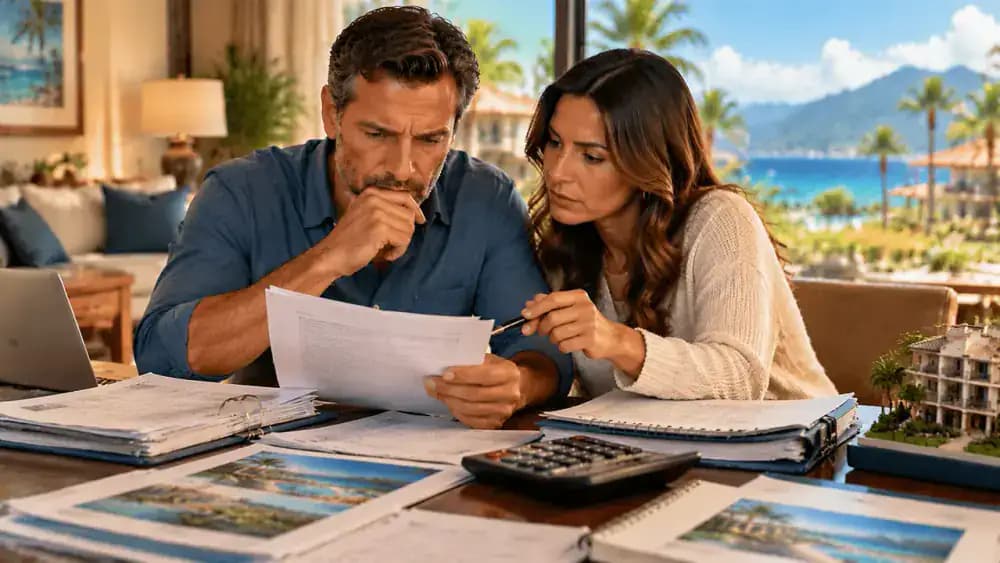 Prospective buyer examining a timeshare contract with a calculator and financial documents.