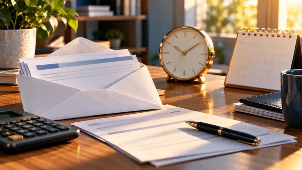 Open banking envelope, blank account statement, and calendar beside a clock illustrating the 60-day reporting rule.