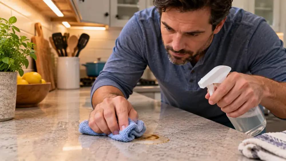 Adult homeowner gently cleaning a stubborn mark on a laminate countertop with a soft microfiber cloth and a small amount of laminate-safe cleaner.