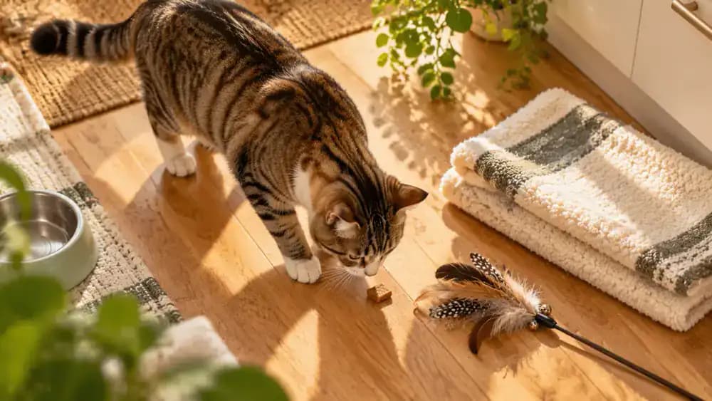A cat choosing a small treat while its owner offers a feather toy and soft blanket as alternative rewards arranged in a bright kitchen.