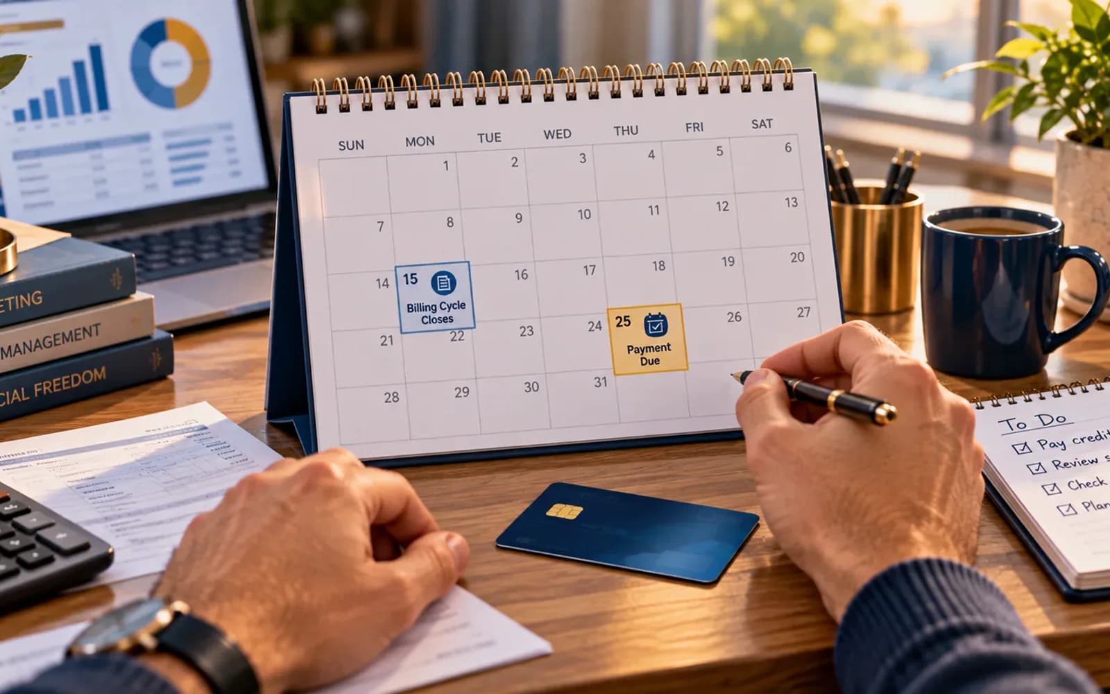 Calendar showing separate statement closing and payment due dates