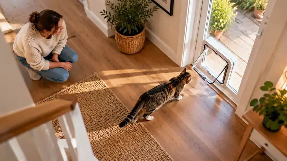 A cat approaches a pet flap from both sides of a clear doorway while its owner rewards successful crossings.
