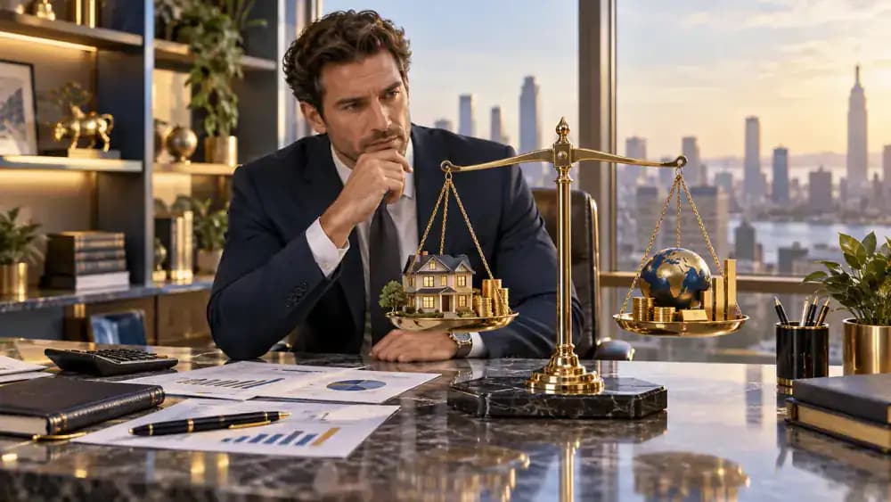 An investor examines two investment models balanced on an elegant scale.