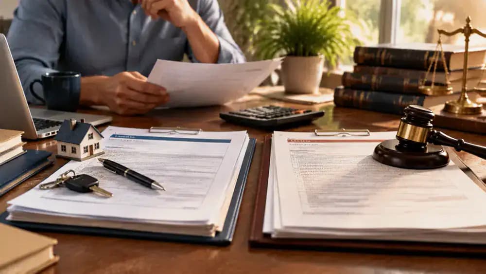 Consumer loan agreement and separate court paperwork arranged side by side.