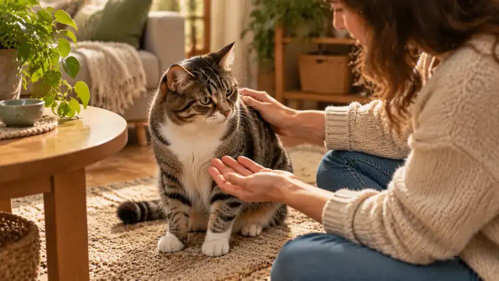 An owner presenting an open palm and giving a quiet cue before briefly touching a cat's shoulder beside a low wooden table, with a treat nearby and a clear path to leave.