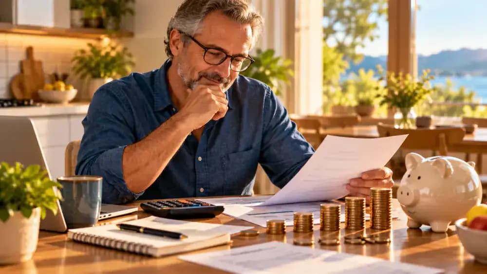 Mature adult reviewing retirement savings documents and healthcare finances at home.