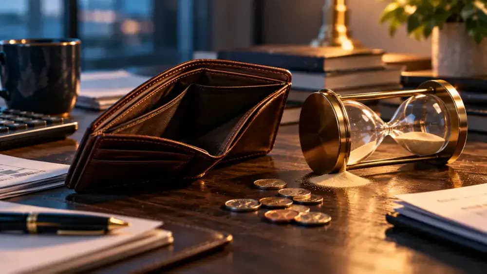 Open empty wallet beside a tipped hourglass, representing potential additional financial losses after prolonged reporting delays.