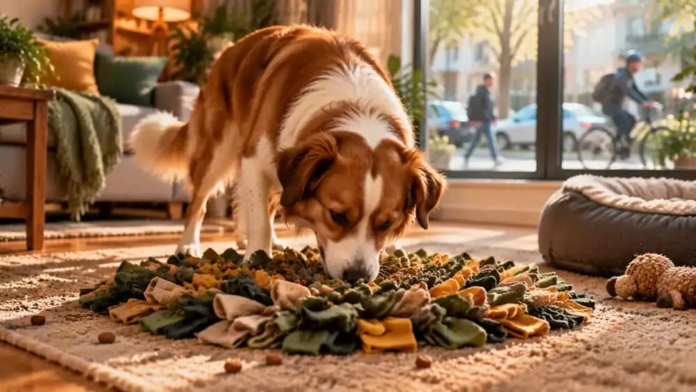 Dog sniffing through a snuffle mat and searching a rug for hidden kibble while daylight and outdoor movement remain visible through a distant window.