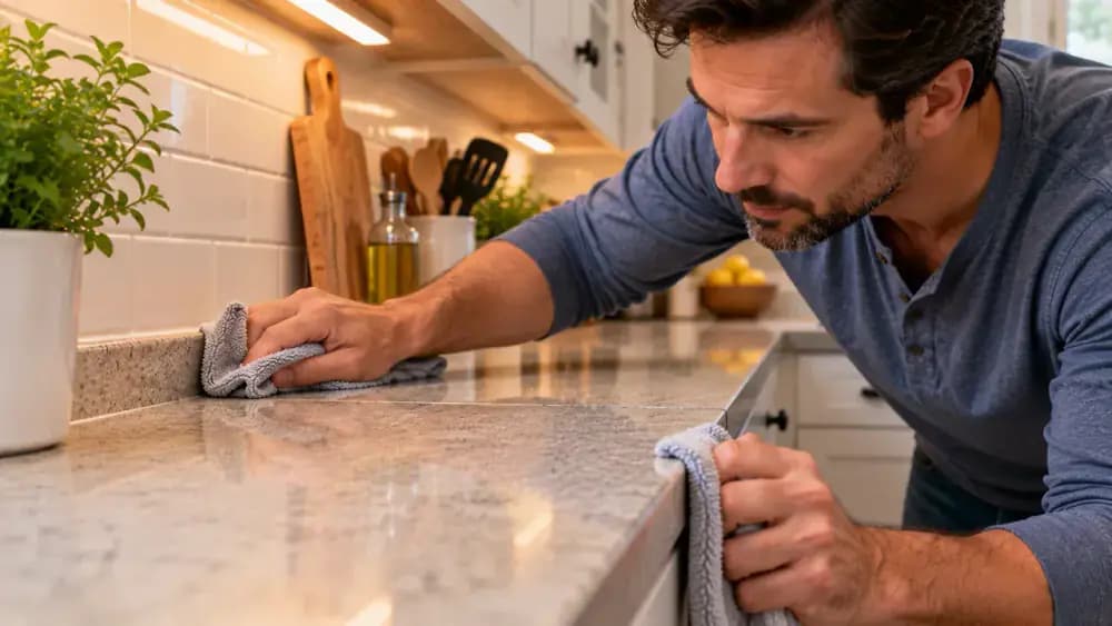 Adult homeowner pressing a fresh dry towel along a laminate countertop seam, front edge, and backsplash joint to absorb remaining moisture