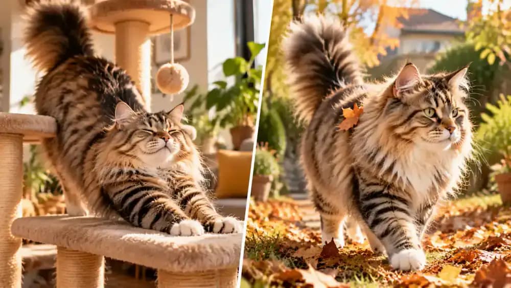 Two long-haired cats in different settings, one stretching on an indoor cat tree and another returning from a supervised garden visit while its owner gently removes a loose leaf from its fur.