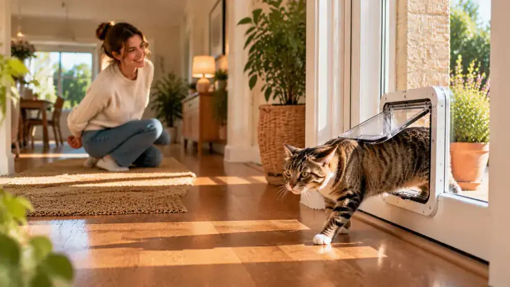 A cat walks independently through a pet flap while its owner stands nearby with treats kept out of sight.