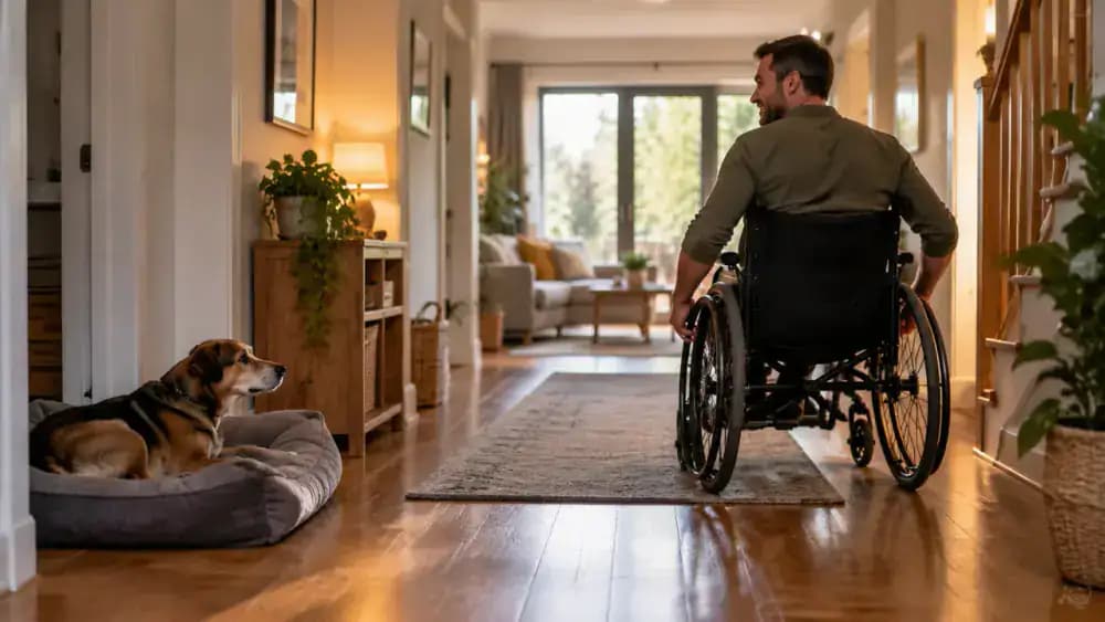 Household member using a wheelchair moving naturally through a spacious hallway while a newly adopted dog observes from several feet away and another adult keeps the path clear.