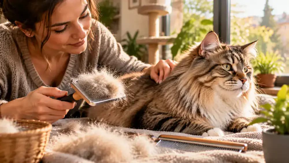 Loose fur collected on a grooming brush beside a sunlit window as an owner updates a grooming calendar and gently inspects a long-haired cat's coat.