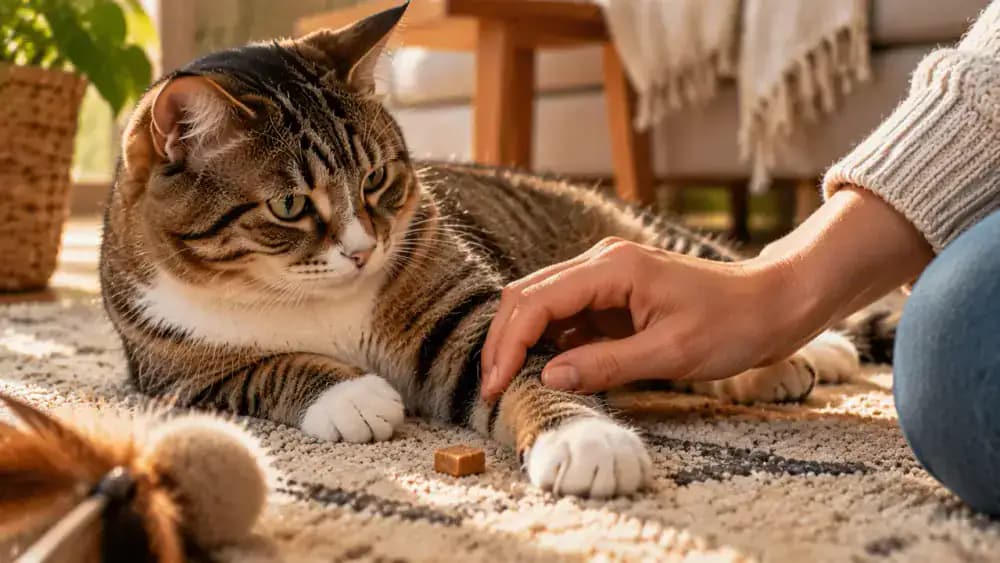 An owner placing a small treat beside a cat's front leg and briefly touching the upper leg while keeping the paw free and allowing the cat to reposition.