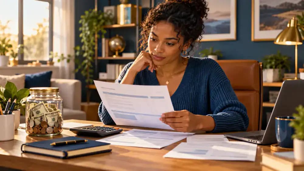 Employee reviewing a pay statement, calculator, and HSA savings jar to track combined contributions.