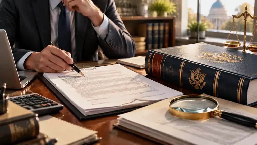 Consumer loan agreement beside a federal regulations reference book and magnifying glass.