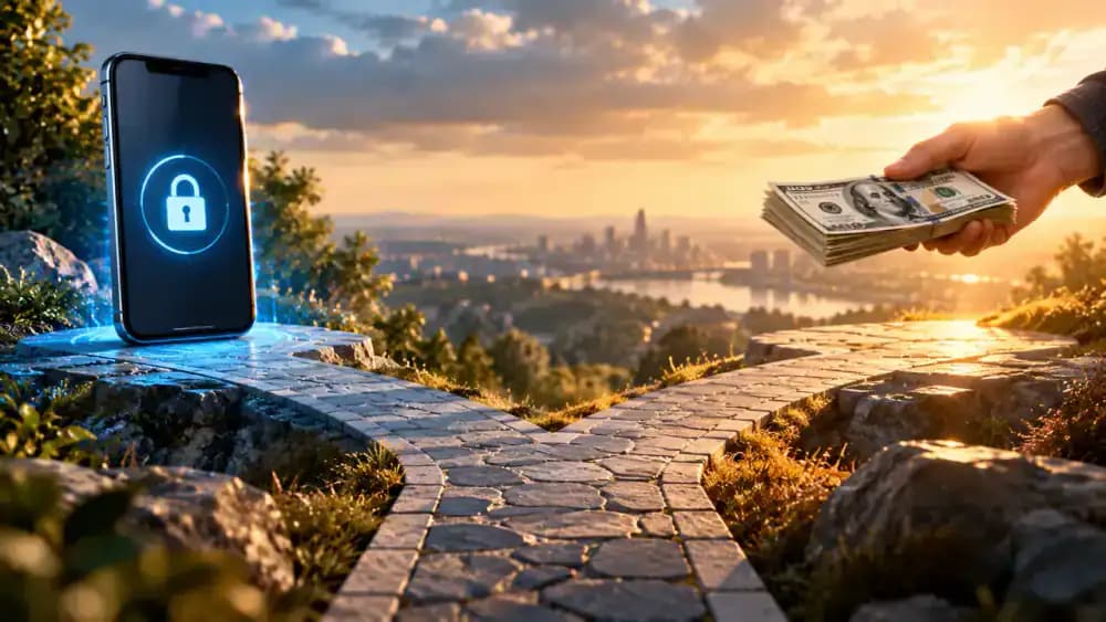 A forked pathway separates a secured smartphone from a hand offering cash, representing authorized and unauthorized payments.
