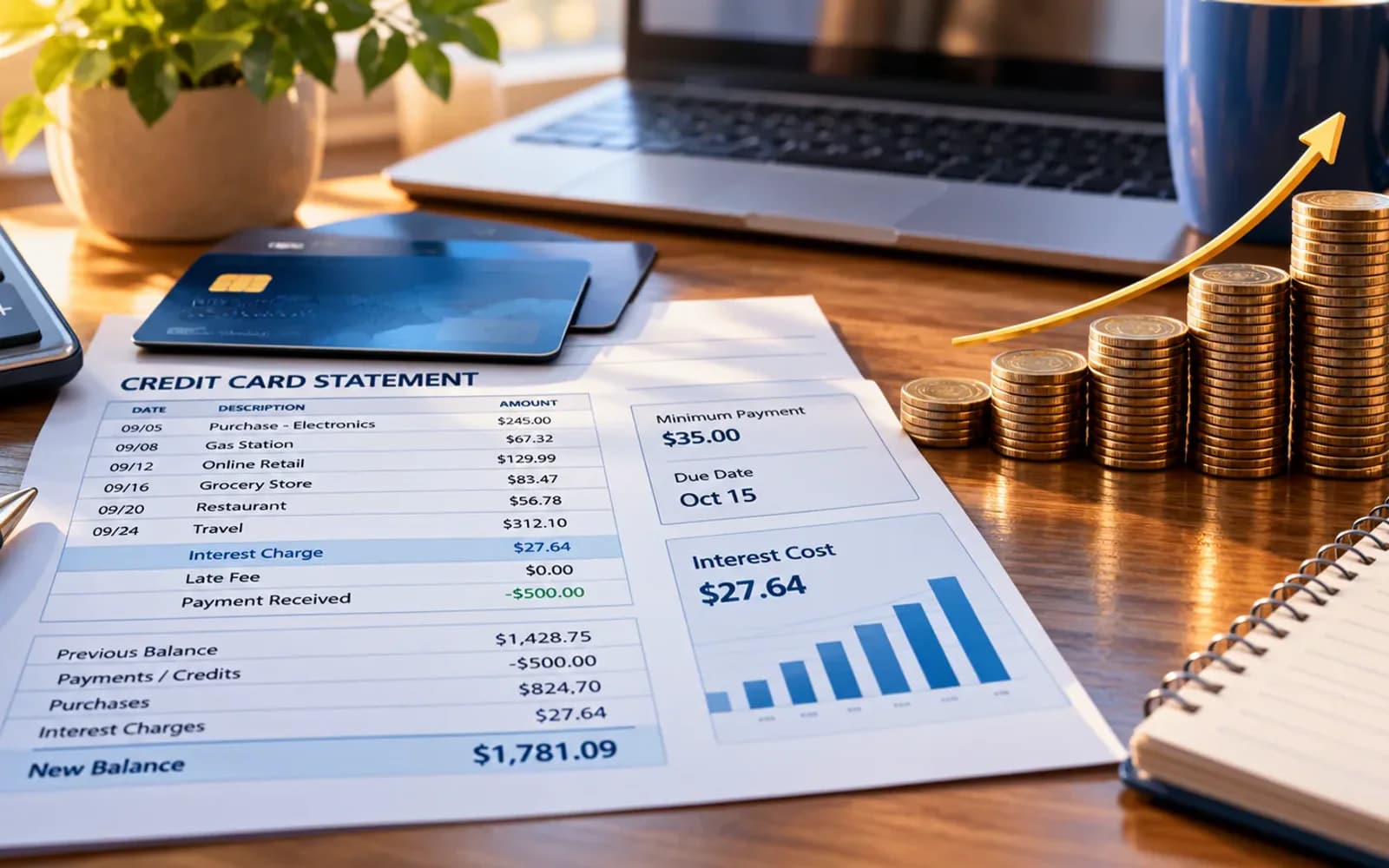 Credit card statement displaying a high interest cost beside the outstanding balance