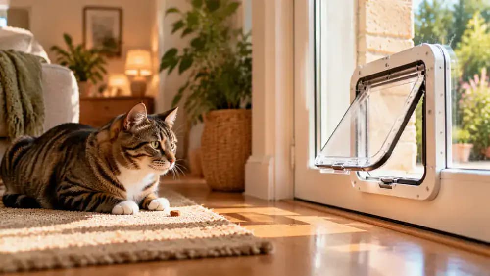 An owner gently moves a pet flap while a cat watches from a nearby rug and receives treats after quiet panel movements.
