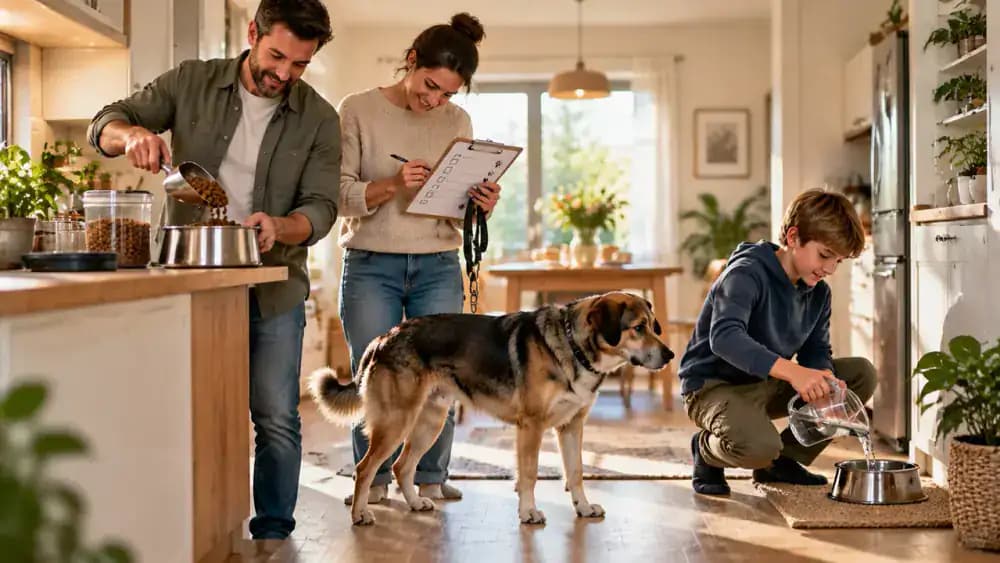 Family in a bright kitchen following a dog care responsibility chart as one adult measures food, another checks a walking checklist, and an older child refills the water bowl under supervision.