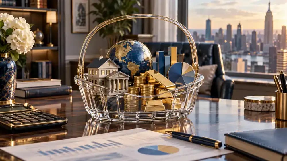 Transparent investment basket containing miniature representations of stocks, bonds, and diversified financial assets.
