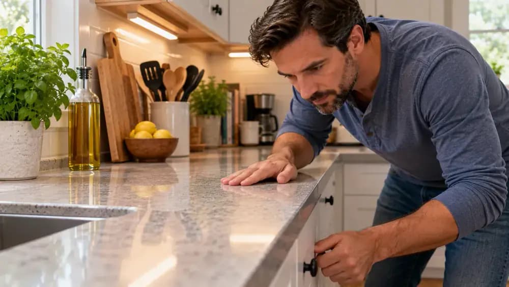 Adult homeowner inspecting a clean, dry laminate countertop under bright kitchen lighting, checking a seam and front edge before wiping a small streak with a barely damp cloth and drying it immediately.