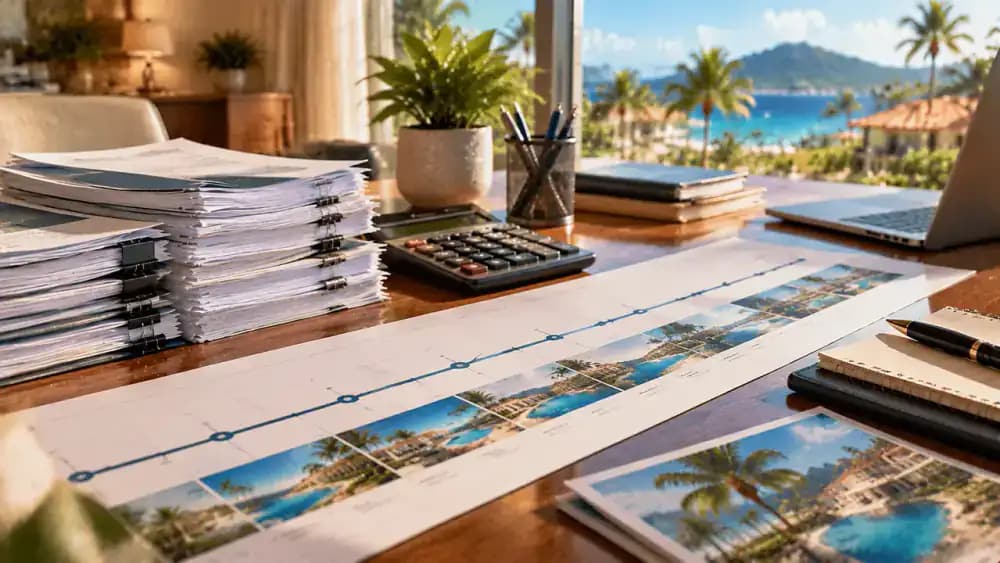 Calculator, annual invoices, and a timeline representing decades of timeshare expenses.