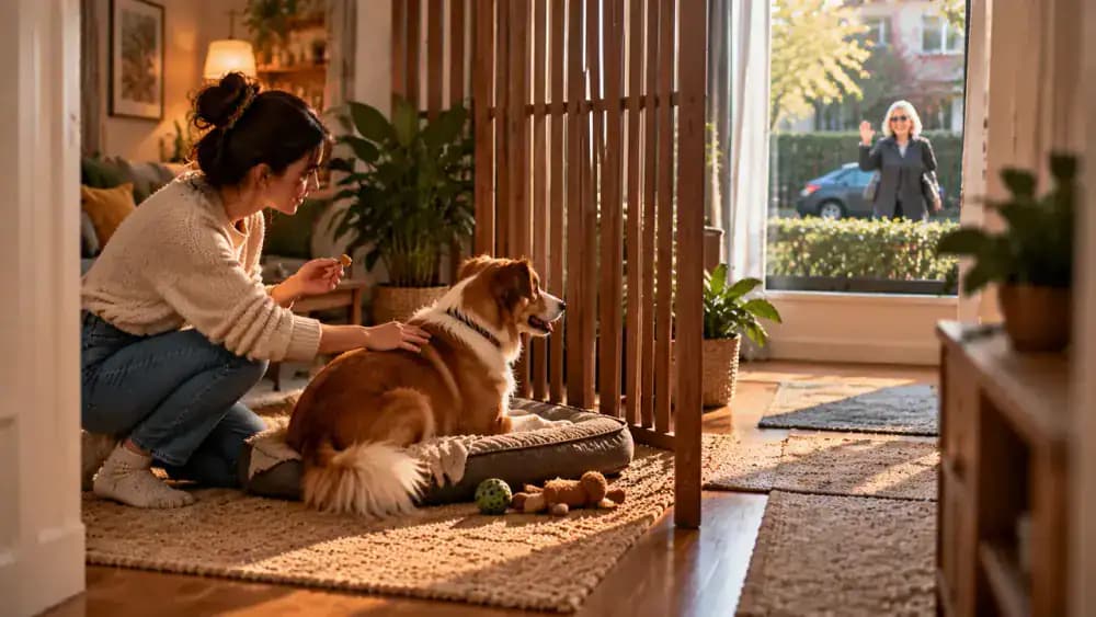 Neighbor waving from the sidewalk as an owner guides a barking dog behind a room divider, rewards calm settling, and later practices watching from a greater distance.