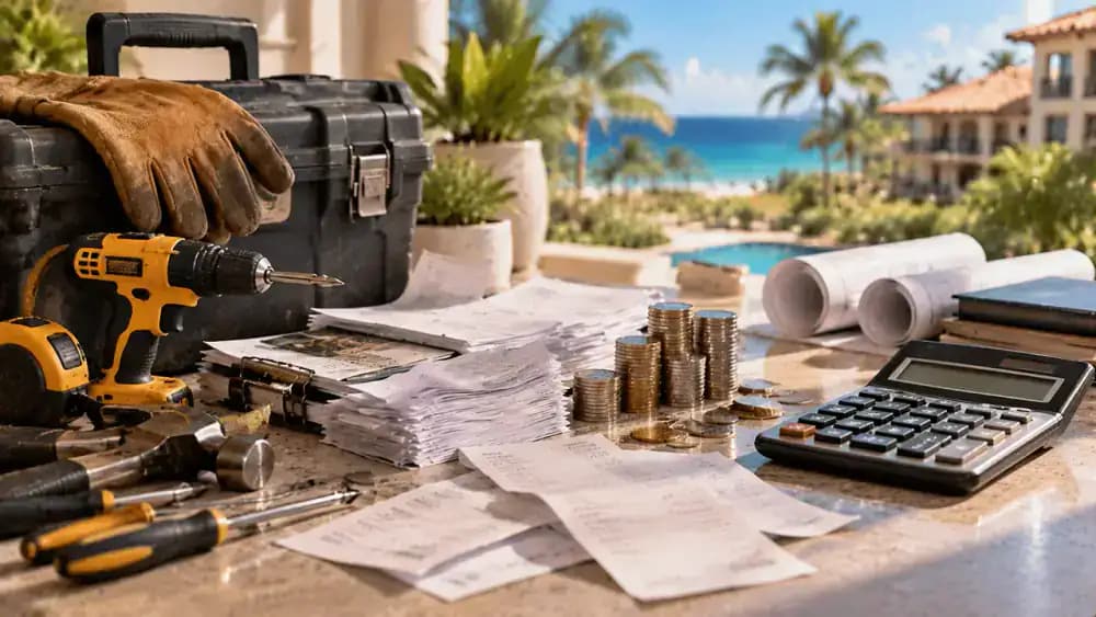 Resort maintenance supplies and household expense receipts arranged beside coins.