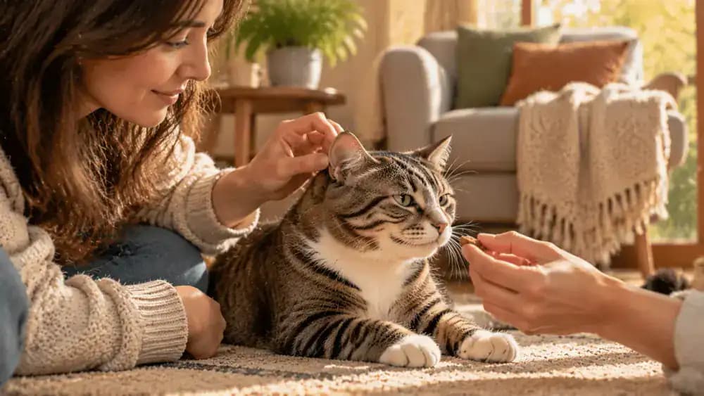 An owner offering a treat while gently touching the outside of a relaxed cat's ear, followed by a veterinarian examining a cat's ear with appropriate equipment.