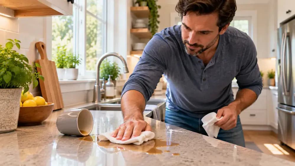 Adult homeowner maintaining a clean laminate kitchen counter by blotting a fresh spill, clearing crumbs, and wiping with a lightly damp microfiber cloth while keeping the seam and front edge dry.